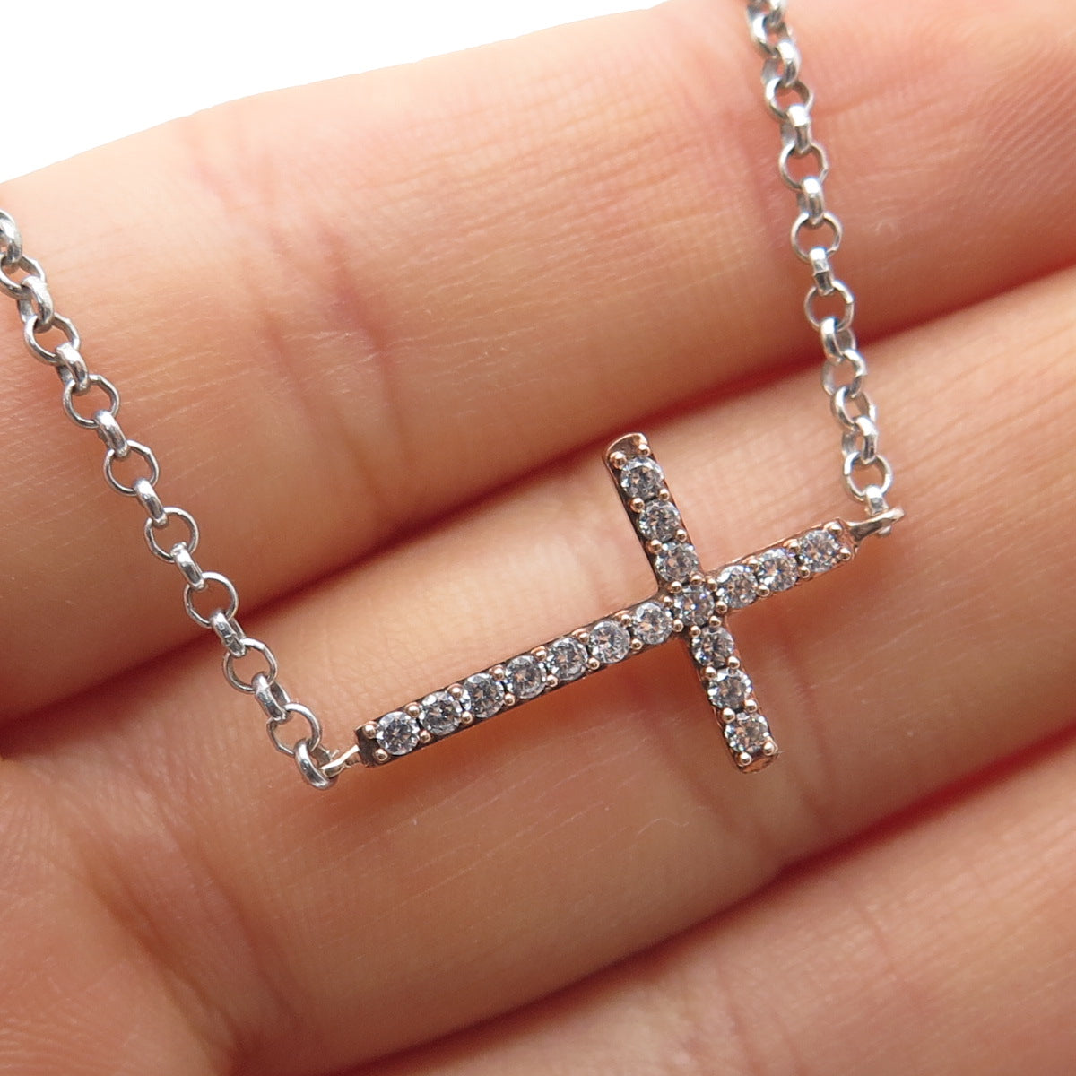 925 Sterling Silver 2-Tone Round-Cut C Z Cross Rolo Chain Necklace 19"