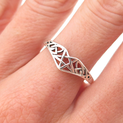 925 Sterling Silver Vintage Pentagram Celtic Trinity Knot Oxidized Ring Size 8