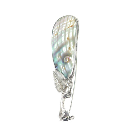 925 Sterling Silver Vintage SP Poland Real Abalone Shell Modernist Floral Brooch