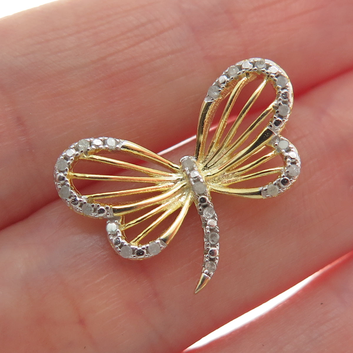 HAN Sterling Silver Gold Plated Real Round-Cut Diamond Butterfly Mini Pendant