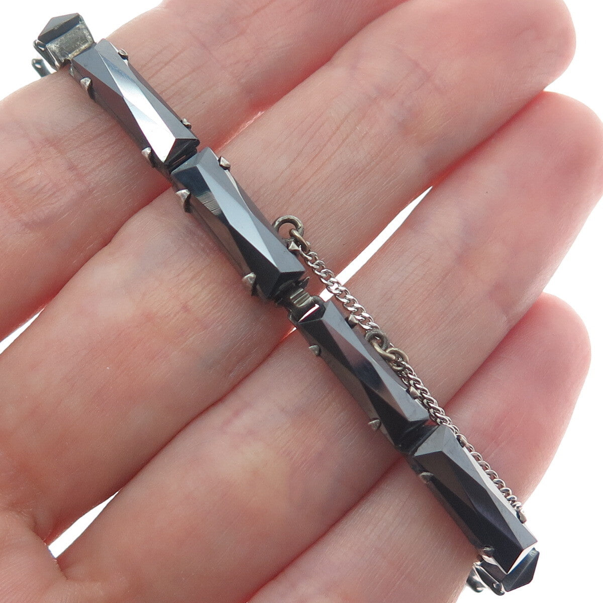 925 Sterling Silver Antique Germany Real Hematite & Marcasite Bracelet 7"