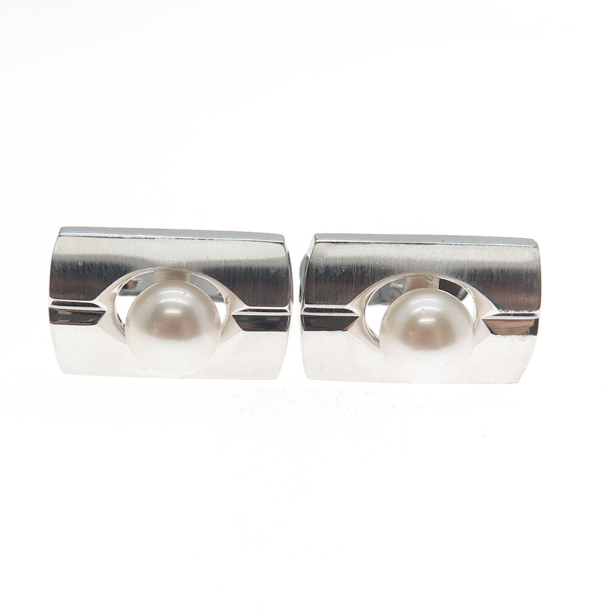 900 Silver Vintage Japan Real Akoya Pearl Modernist Cufflinks