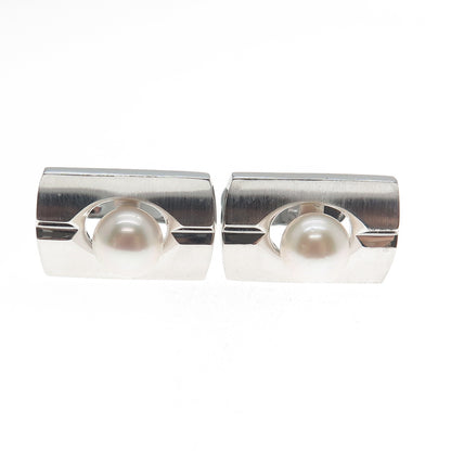 900 Silver Vintage Japan Real Akoya Pearl Modernist Cufflinks