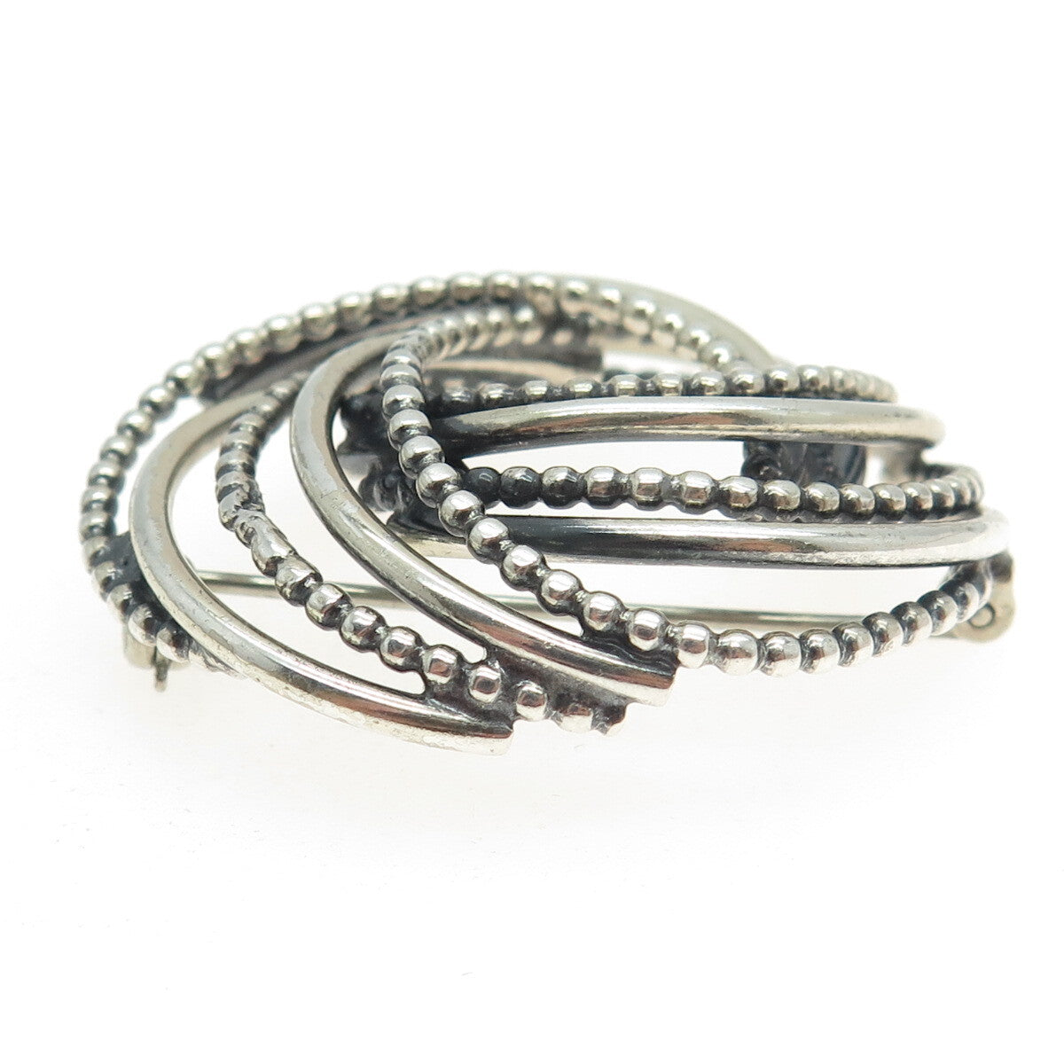 BEAU 925 Sterling Silver Antique Art Deco Beaded Tornado Interlocked Pin Brooch