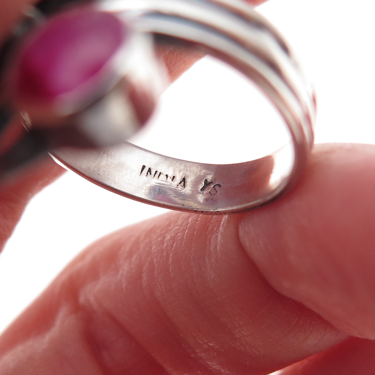925 Sterling Silver Vintage Real Ruby Modernist Oxidized Ring Size 9