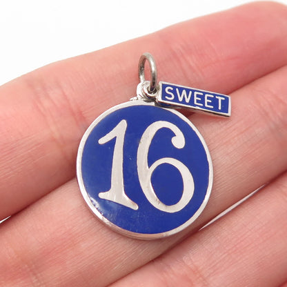 925 Sterling Silver Vintage Old Stock Blue Enamel "Sweet 16" Round Pendant