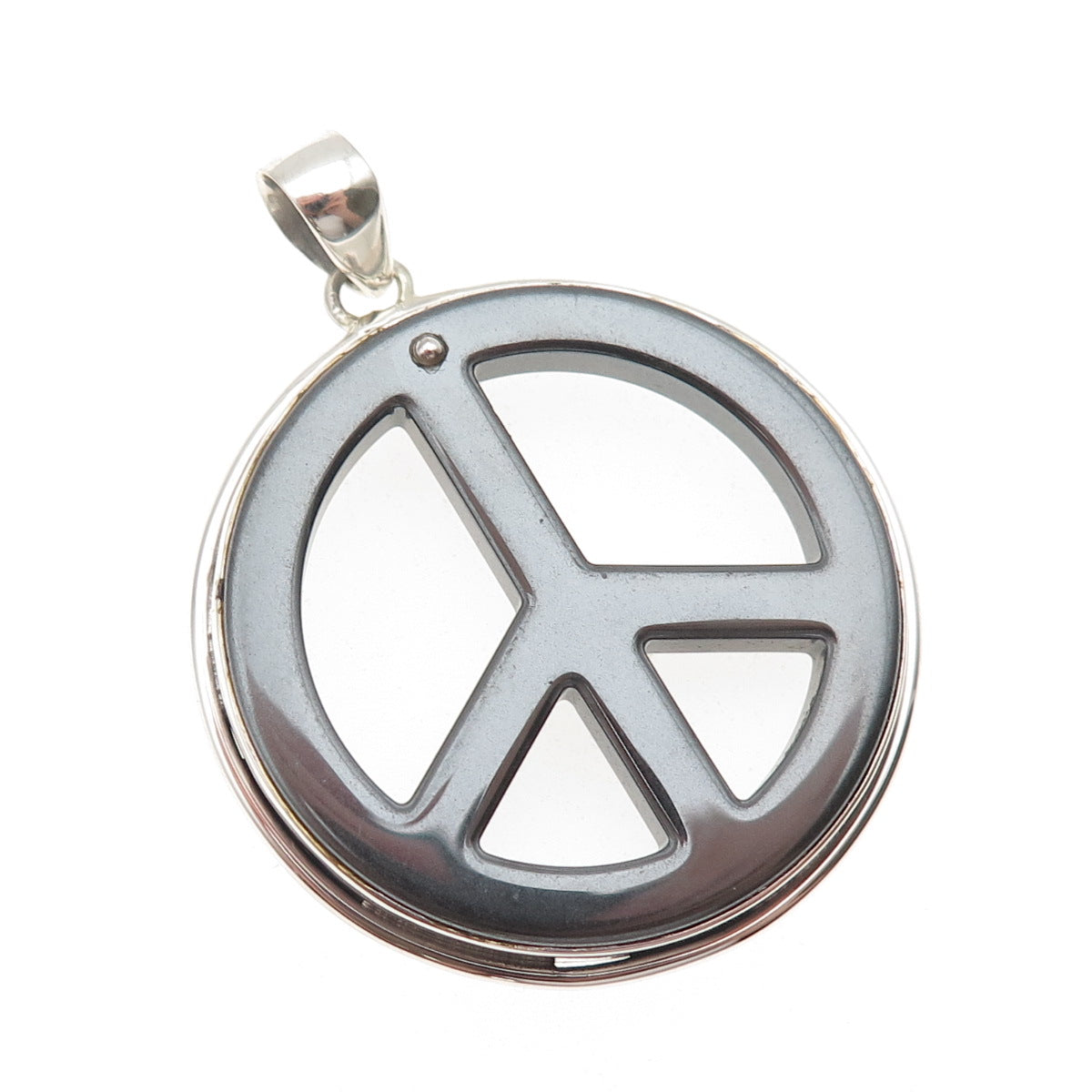 925 Sterling Silver Vintage Real Hematite Peace Symbol Pendant