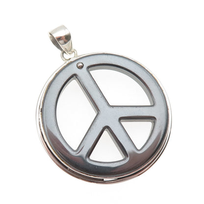 925 Sterling Silver Vintage Real Hematite Peace Symbol Pendant