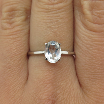 DAZZLERS 925 Sterling Silver Real Oval-Cut White Topaz Engagement Ring Size 8