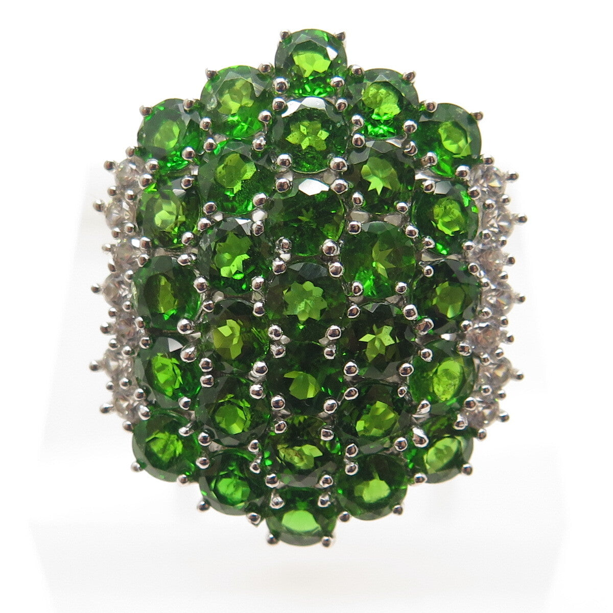 925 Sterling Silver Real Round-Cut Peridot & White Topaz Cluster Ring Size 8
