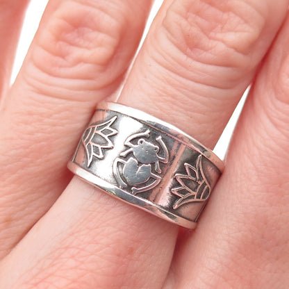 800 Silver Vintage Egyptian Scarab & Flower Oxidized Adjustable Ring Size 9