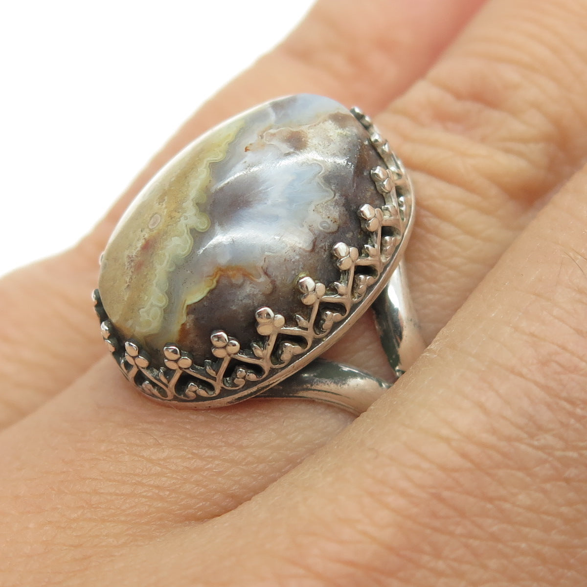 ZEUS 925 Sterling Silver Vintage Real Agate Modenrist Crown Ring Size 7.25