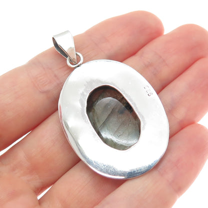 925 Sterling Silver Vintage Real Labradorite Beaded Oxidized Charm Pendant