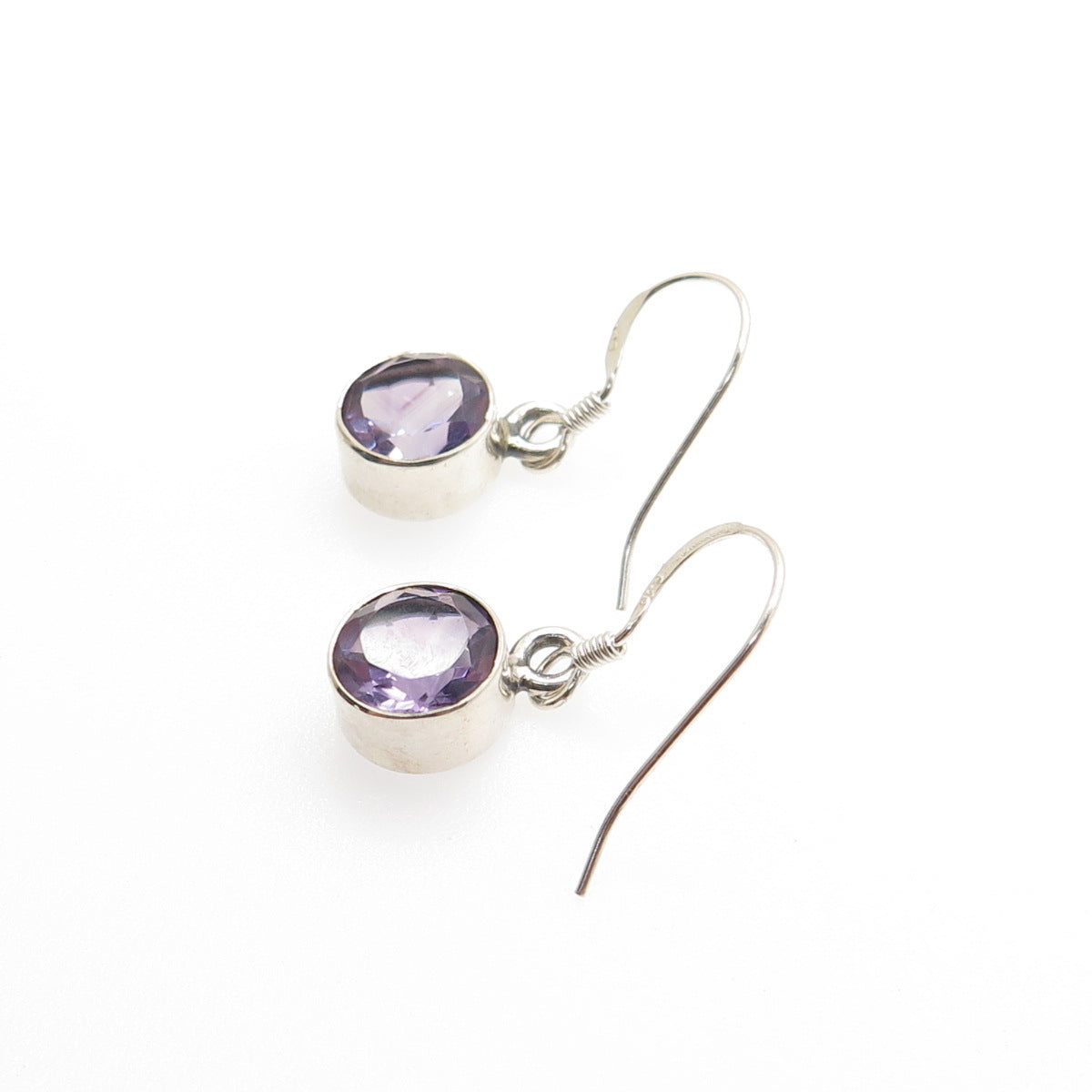 925 Sterling Silver Vintage Real Round-Cut Amethyst Dangle Earrings