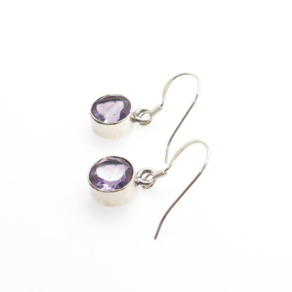 925 Sterling Silver Vintage Real Round-Cut Amethyst Dangle Earrings
