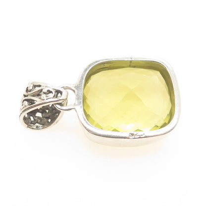 925 Sterling Silver Vintage Real Cushion-Cut Lime Citrine Ornate Pendant