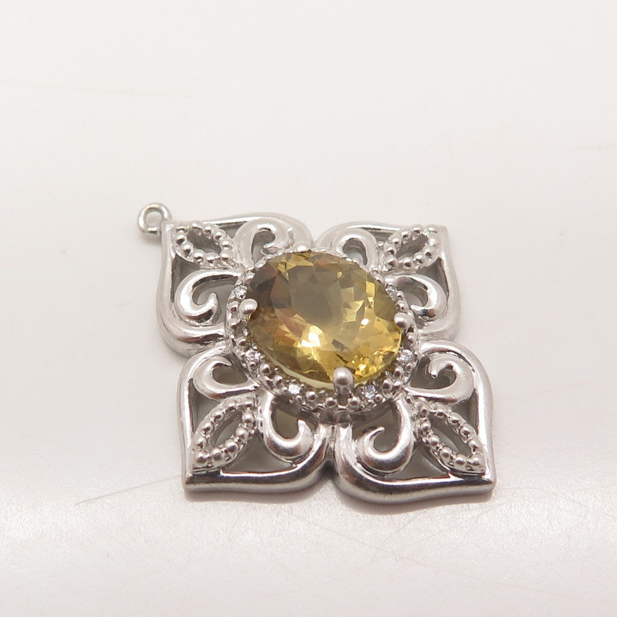 925 Sterling Silver Sai Krishna Real Diamond Accent & Citrine Gem Ornate Pendant