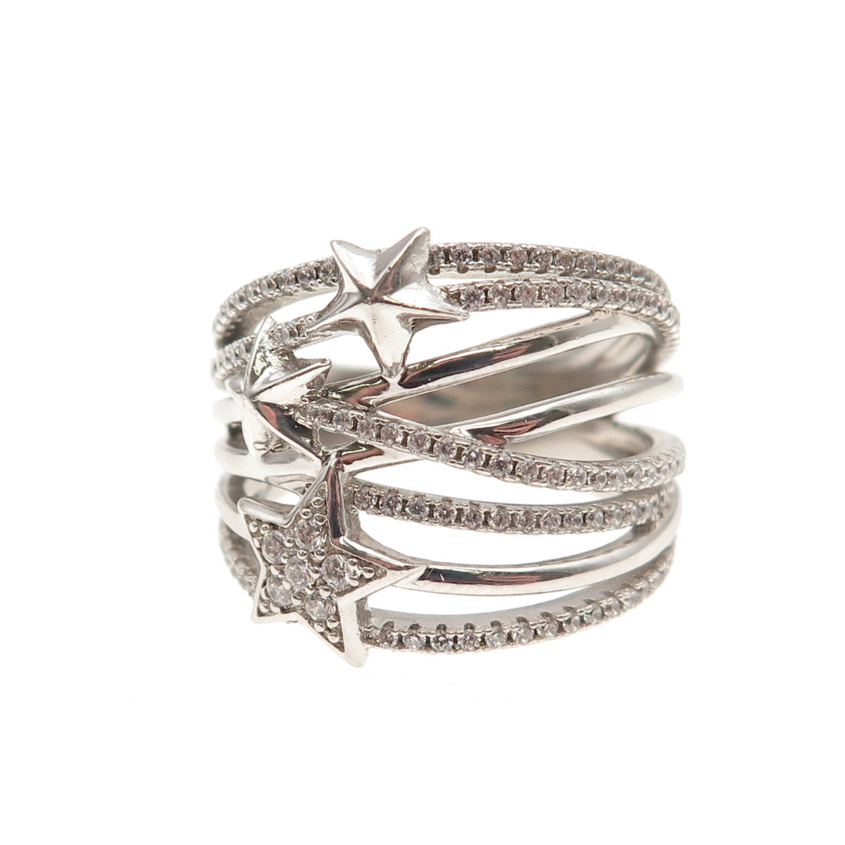 925 Sterling Silver Round-Cut C Z Star Multi-Row Ring Size 8