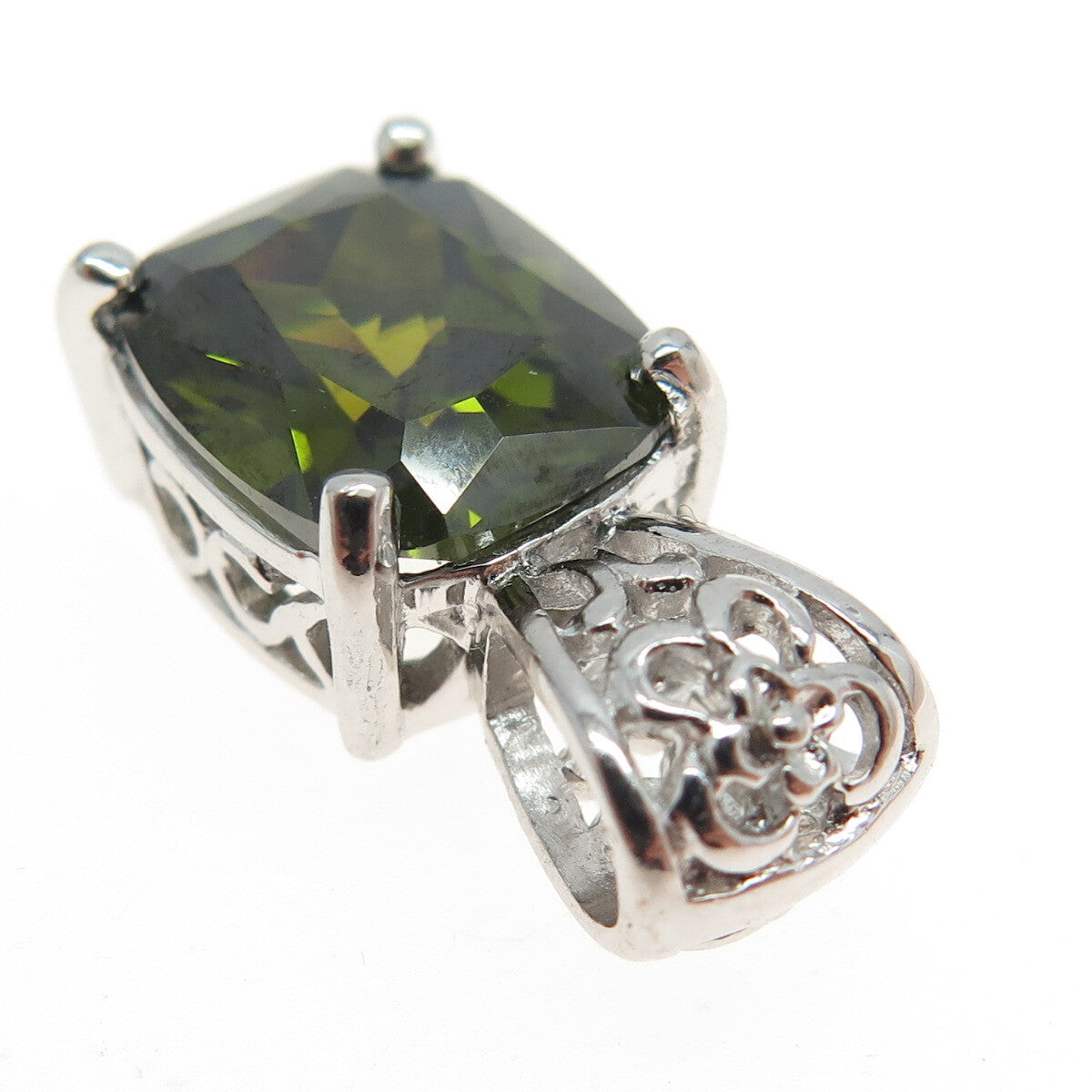 925 Sterling Silver Cushion-Cut Dark Green C Z Pendant