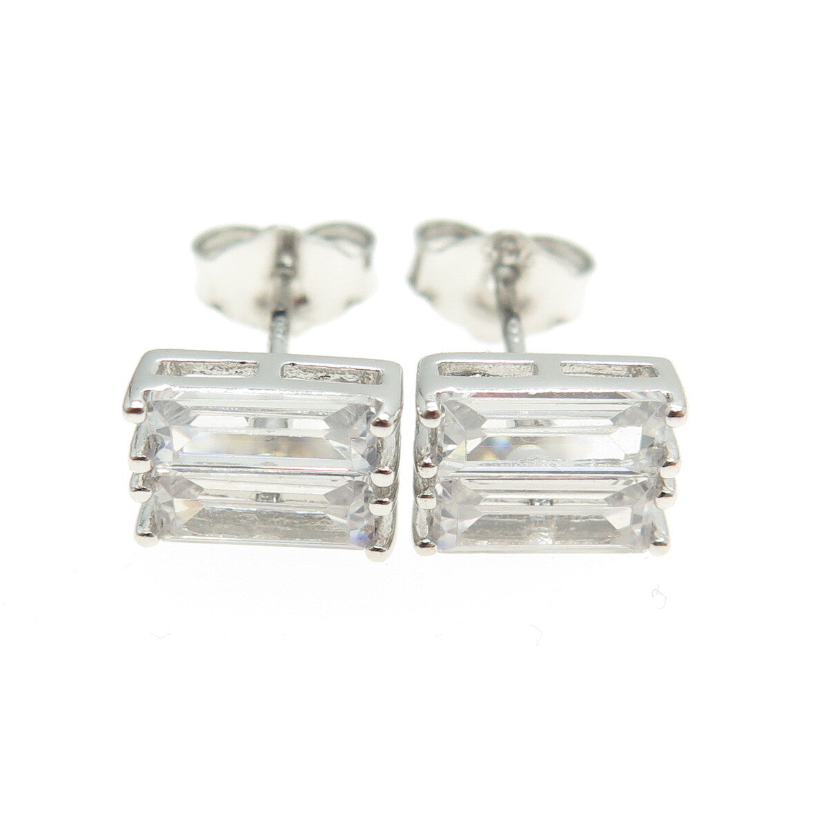 925 Sterling Silver Baguette-Cut C Z Stud Earrings