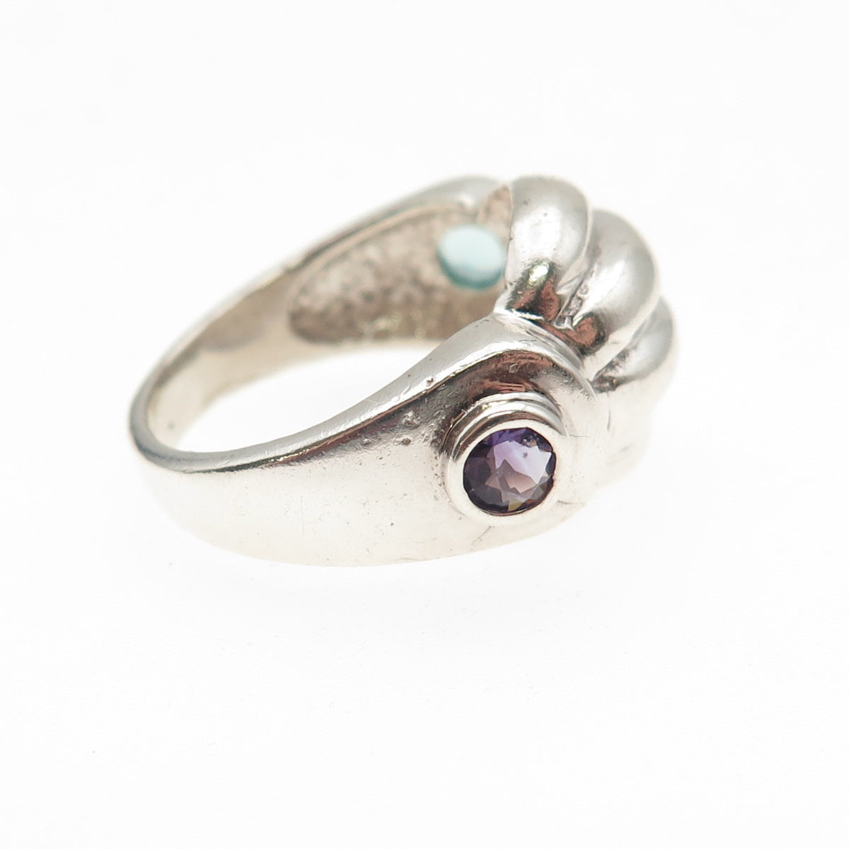 925 Sterling Silver Vintage Real Amethyst & Apatite Modernist Ring Size 7.75