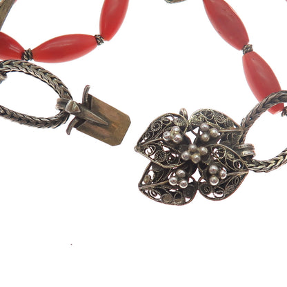 800 Silver Gold Plated Antique Victorian Real Coral Filigree Bracelet 7.25"