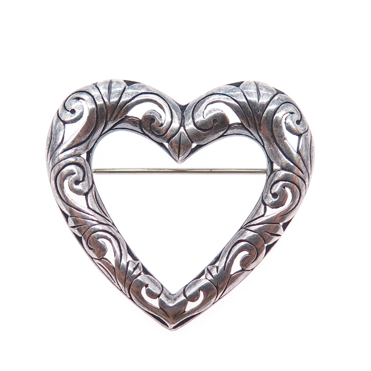 925 Sterling Silver Vintage Ornate Swirl Heart Oxidized Pin Brooch