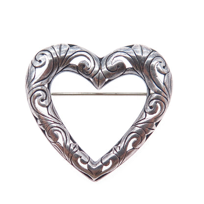 925 Sterling Silver Vintage Ornate Swirl Heart Oxidized Pin Brooch
