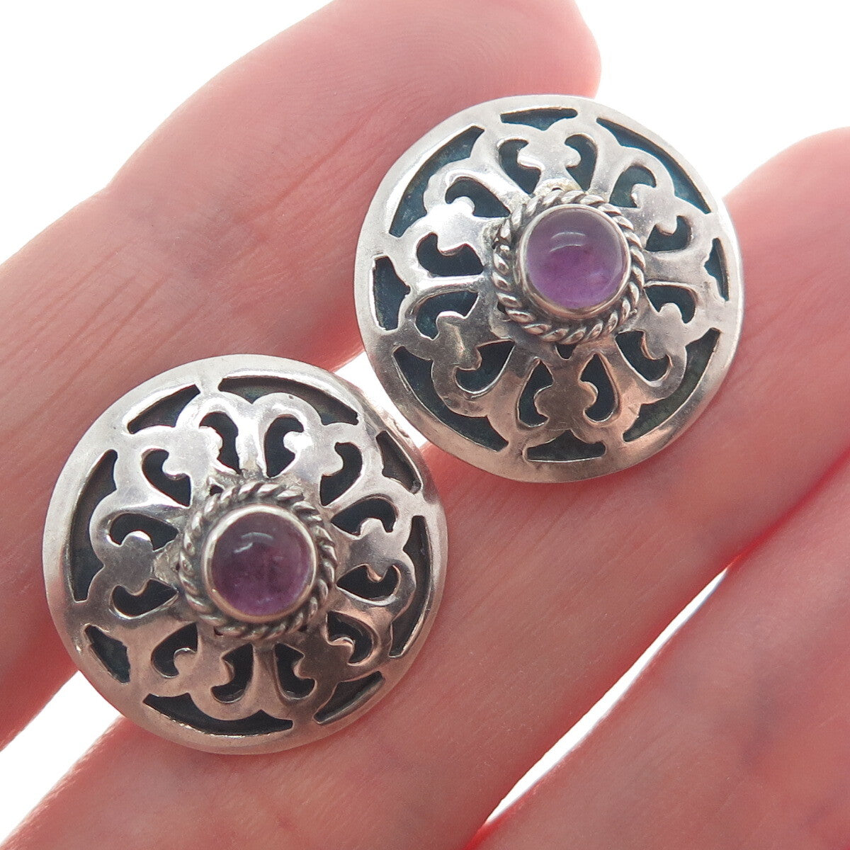 925 Sterling Silver Vintage Real Amethyst Gemstone Floral Ornate Earrings