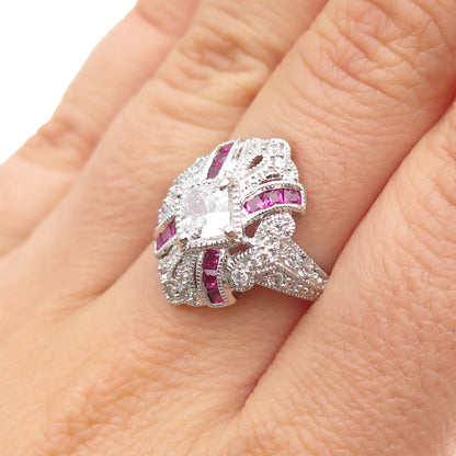 925 Sterling Silver Lab-Created Ruby & C Z Bohemian Ring Size 6.25