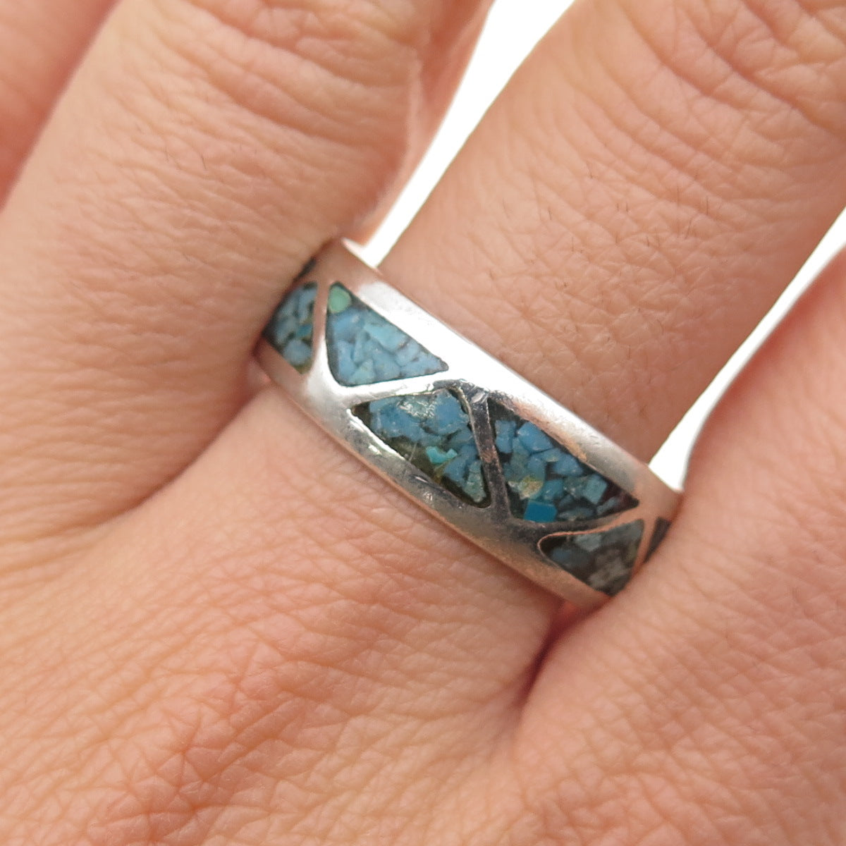 Old Pawn 925 Sterling Silver Vintage Turquoise Inlay Tribal Band Ring Size 12.25