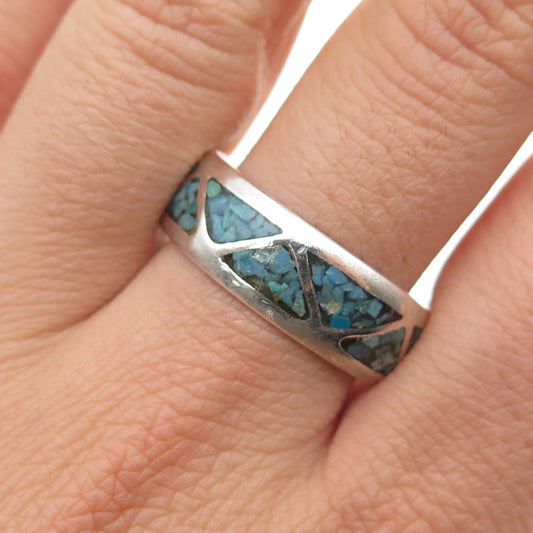 Old Pawn 925 Sterling Silver Vintage Turquoise Inlay Tribal Band Ring Size 12.25