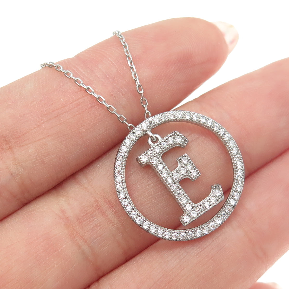 925 Sterling Silver Round-Cut C Z Letter "E" Initial Cable Chain Necklace 16-18"