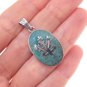925 Sterling Silver Vintage Mexico Real Turquoise Inlay Cannabis Leaf Pendant
