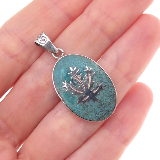 925 Sterling Silver Vintage Mexico Real Turquoise Inlay Cannabis Leaf Pendant
