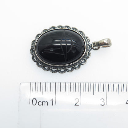 925 Sterling Silver Vintage Real Carved Black Onyx Scarab Oxidized Pendant