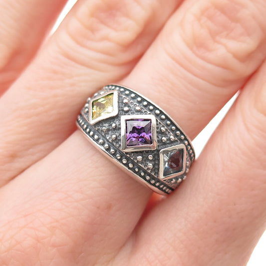 925 Sterling Silver Vintage Princess-Cut Multi-Color C Z Oxidized Ring Size 7