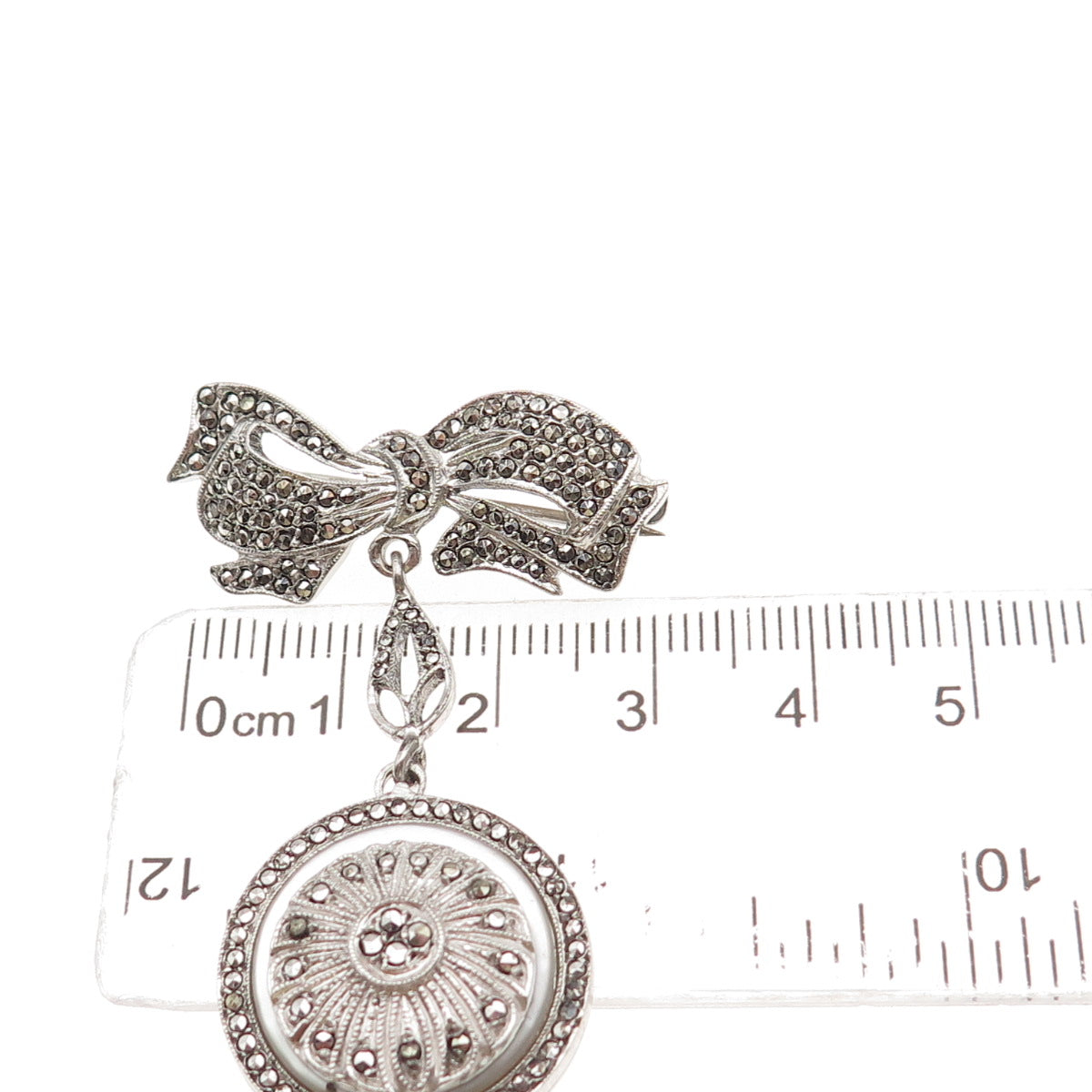 Kimler & Daniel Sterling Antique Art Deco Real MOP Marcasite Bow Locket Brooch