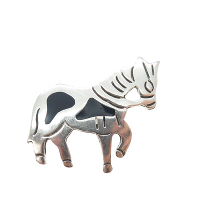 925 Sterling Silver Vintage Mexico Real Black Onyx Pony Horse Pin Brooch