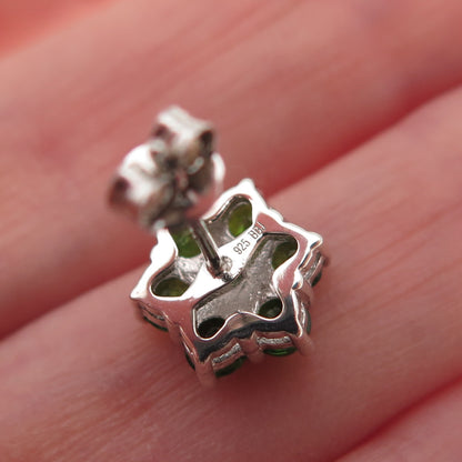 925 Sterling Silver Real Round-Cut Diamond & Peridot Floral Stud Earrings