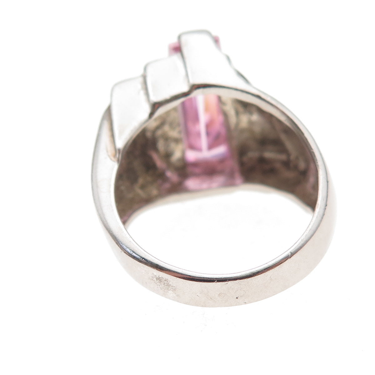925 Sterling Silver Vintage Pink C Z Modernist Oxidized Ring Size 7
