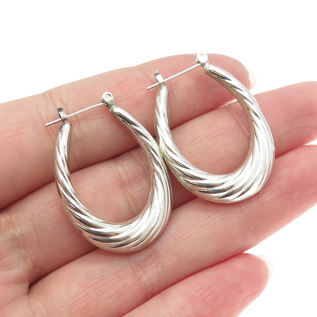 925 Sterling Silver Vintage Ribbed Hinged Hoop Earrings