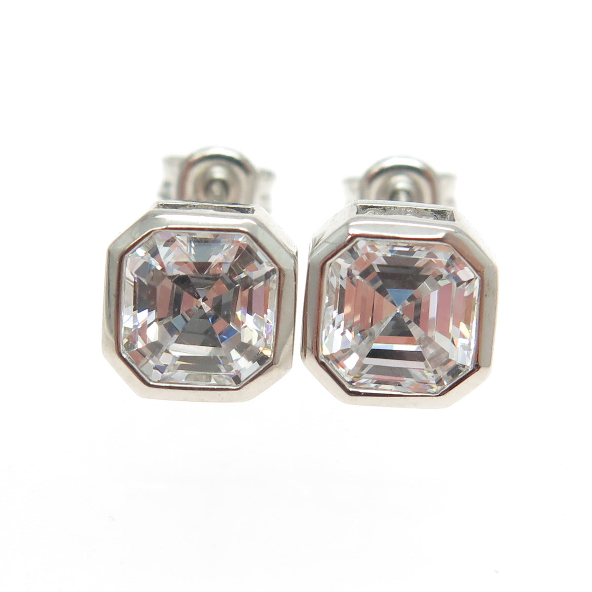 925 Sterling Silver Octagon-Cut Shaped C Z Stud Earrings