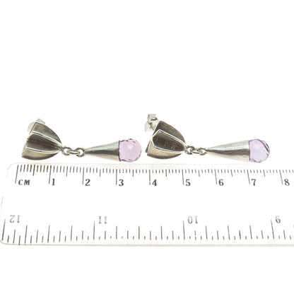 925 Sterling Silver Vintage Real Amethyst Modernist Drop Dangling Earrings