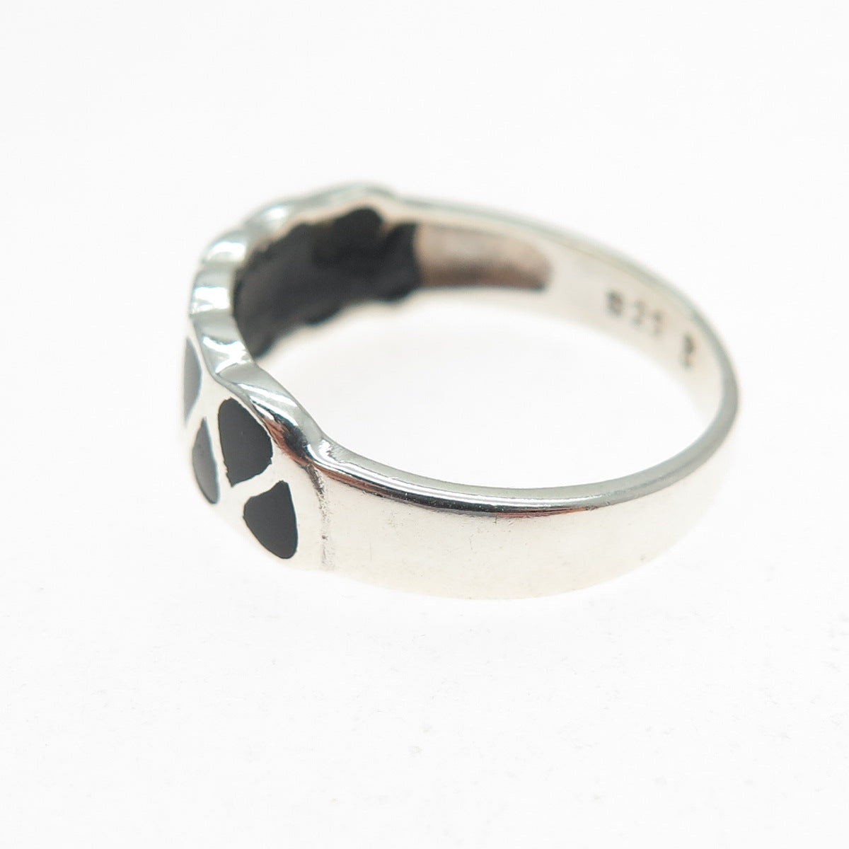 925 Sterling Silver Vintage Real Black Onyx Modernist Zig Zag Ring Size 7.75