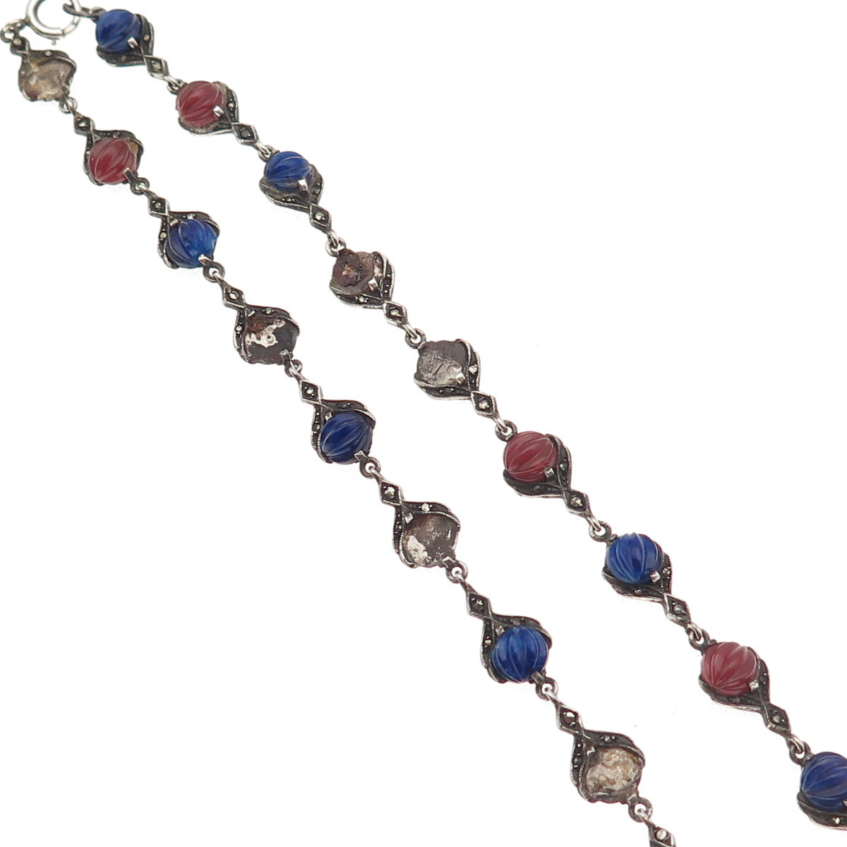925 Sterling Silver Antique Real Carnelian Lapis Necklace 14" (missing 6 stones)