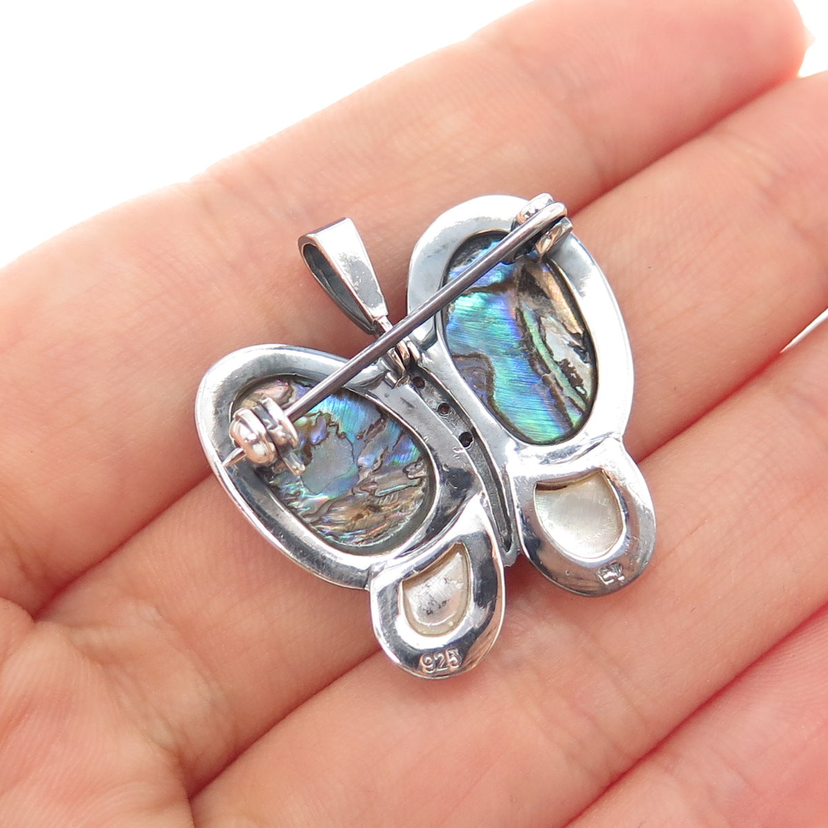 925 Sterling Silver Vintage Real Abalone Shell MOP C Z Butterfly Brooch Pendant