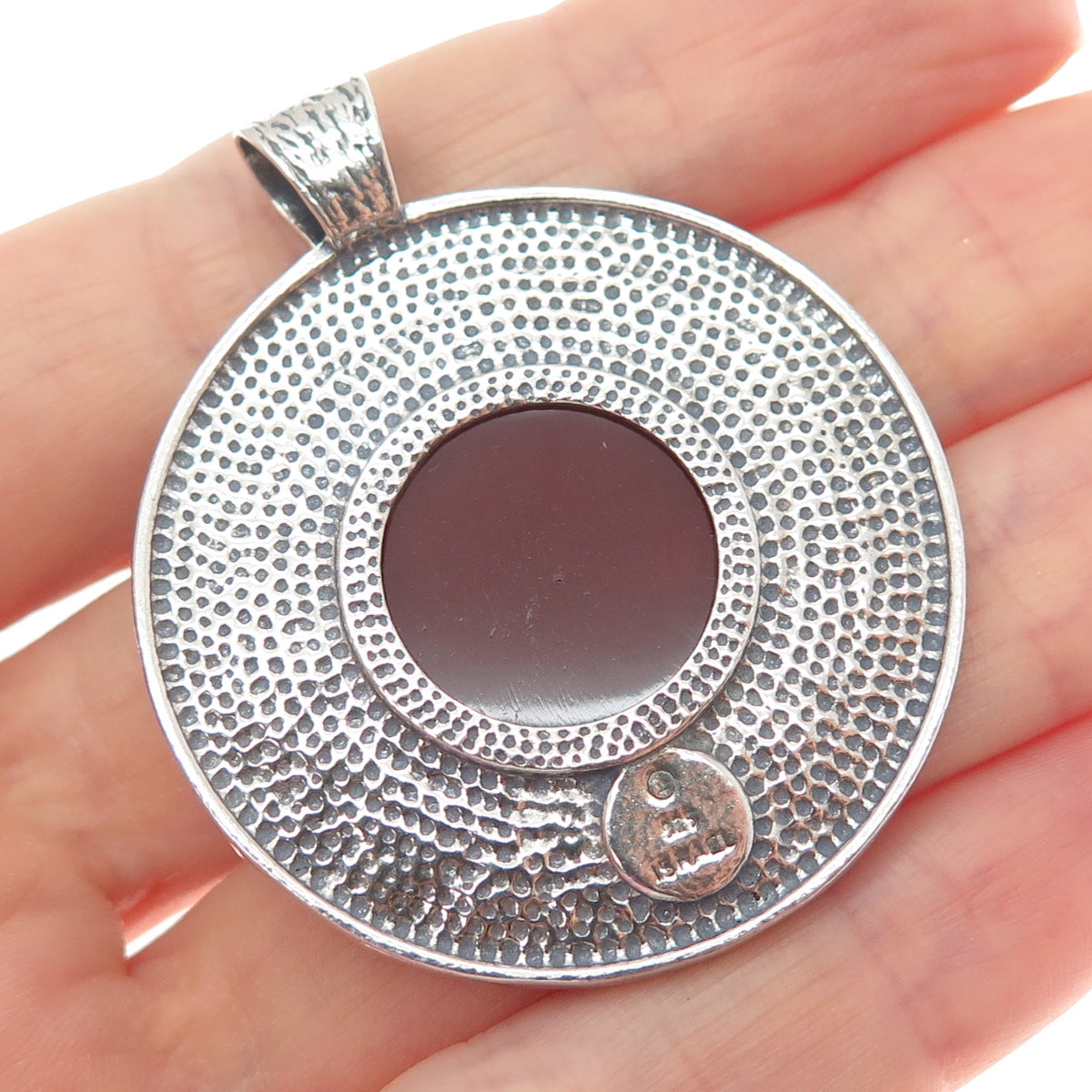 925 Sterling Silver Vintage Israel Real Carnelian Modernist Disc Pendant