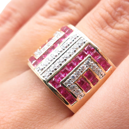 FADI 925 Sterling Silver Gold Plated Lab-Created Ruby & C Z Ring Size 8.25