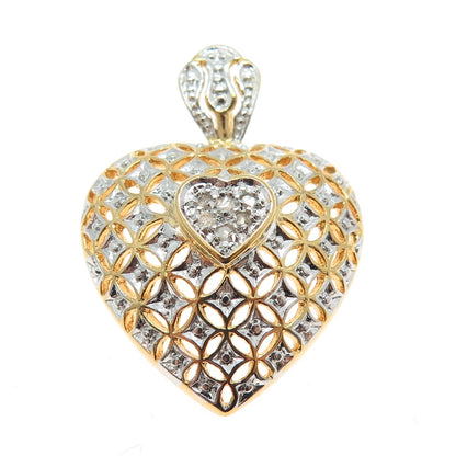 925 Sterling Silver 2-Tone Real White Diamond Heart Ornate Pendant